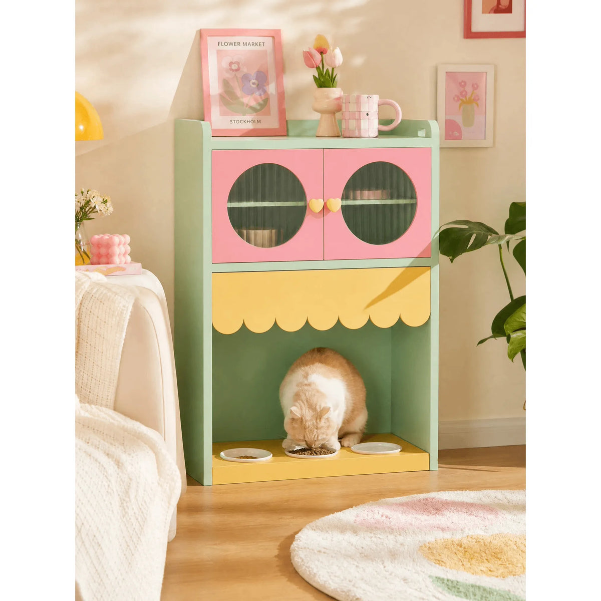 Dopamine Pet Friendly Sideboard with Wavy Trim, Round-Window Storage Cabinet