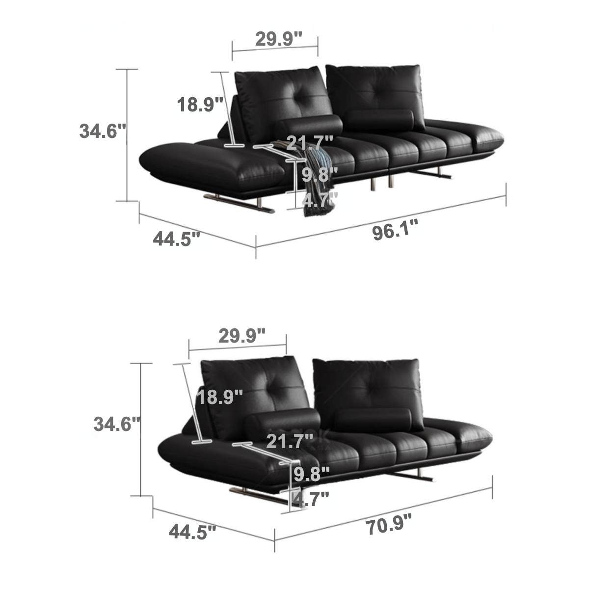 Double-Sided Luxury Leather Sofa with Adjustable Armrests Dimensions