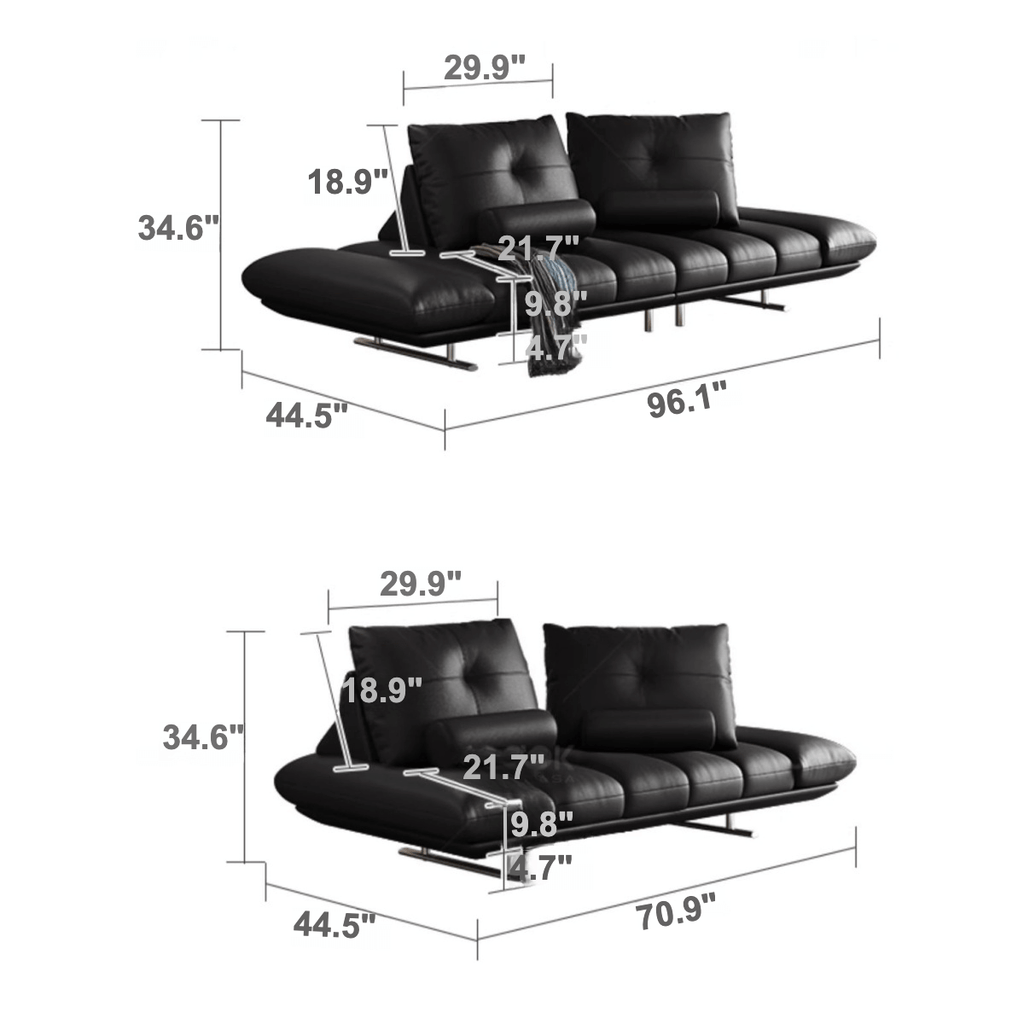 Double-Sided Luxury Leather Sofa with Adjustable Armrests Dimensions