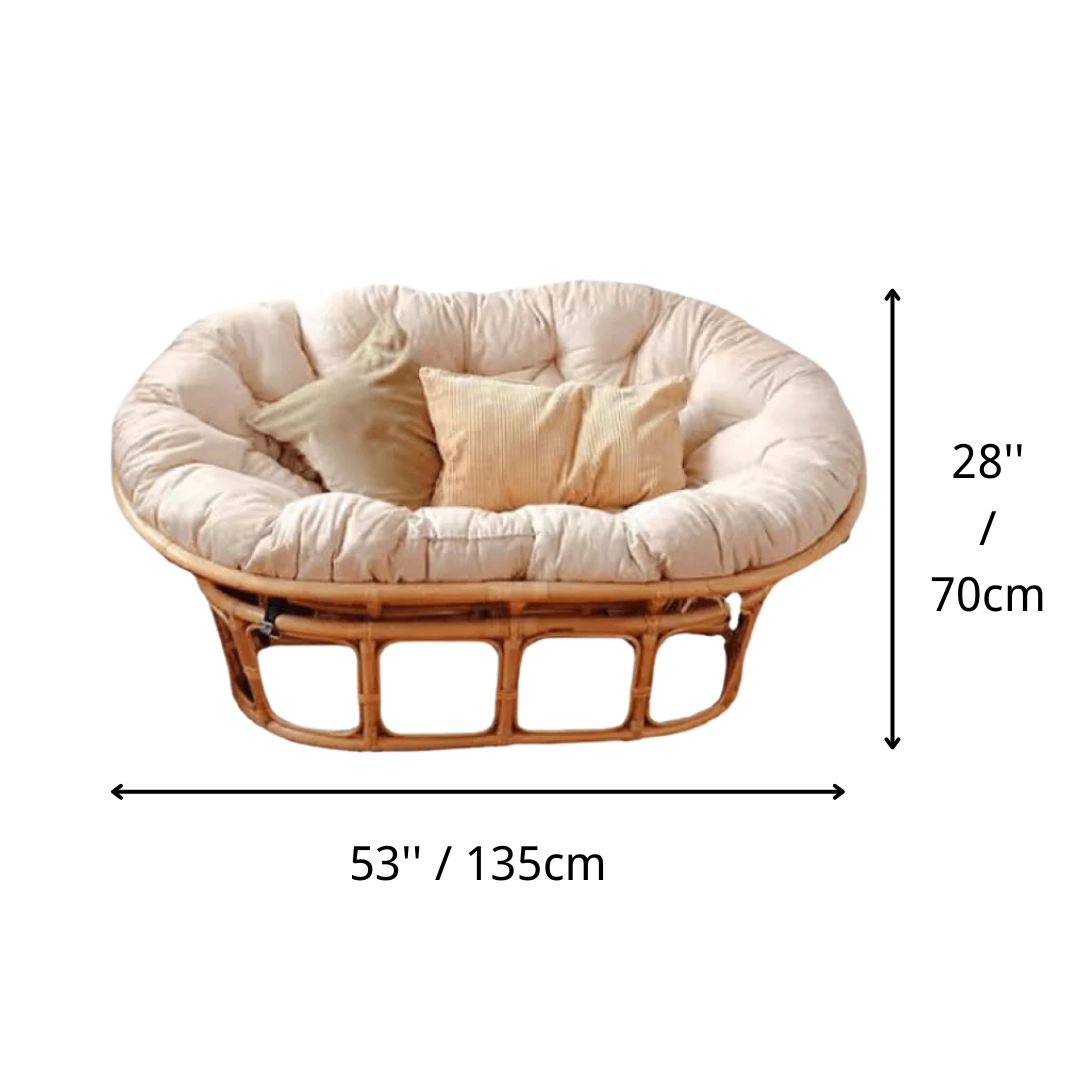 Cozy natural rattan papasan chair available in single or double size for comfortable lounging dimensions