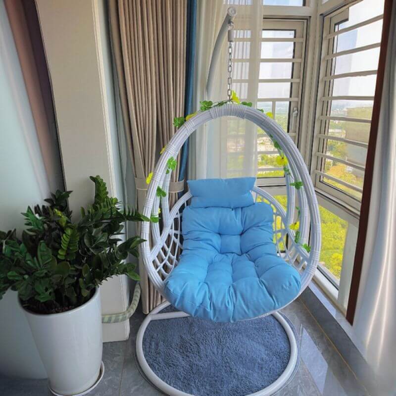 Aluminum porch swing with stand, includes cushions and chain for comfortable outdoor seating