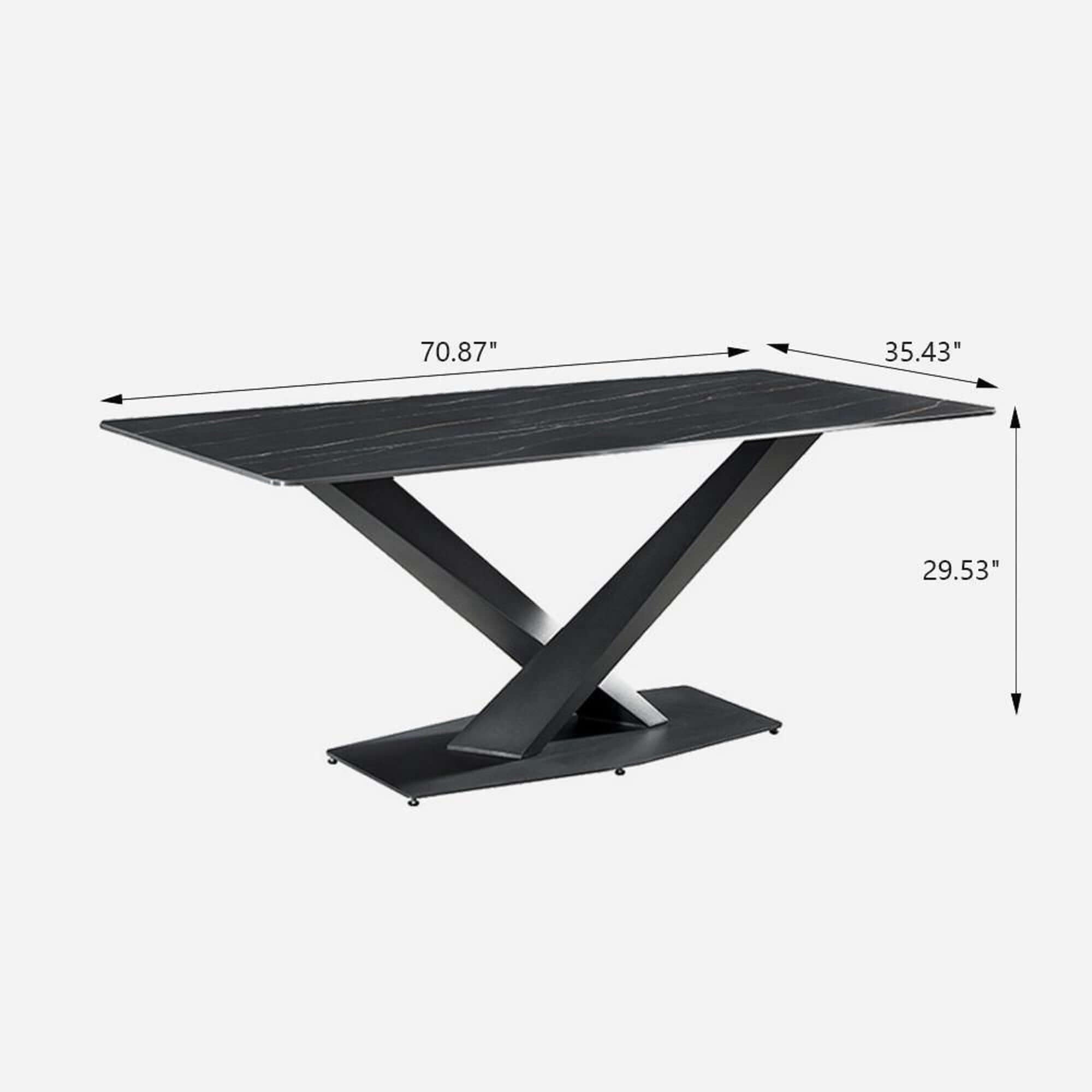 Black marble dining table with sintered stone top and X-base, measuring 70.87 inches