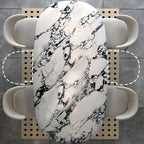 Oval black and white marble kitchen dining table with wooden base
