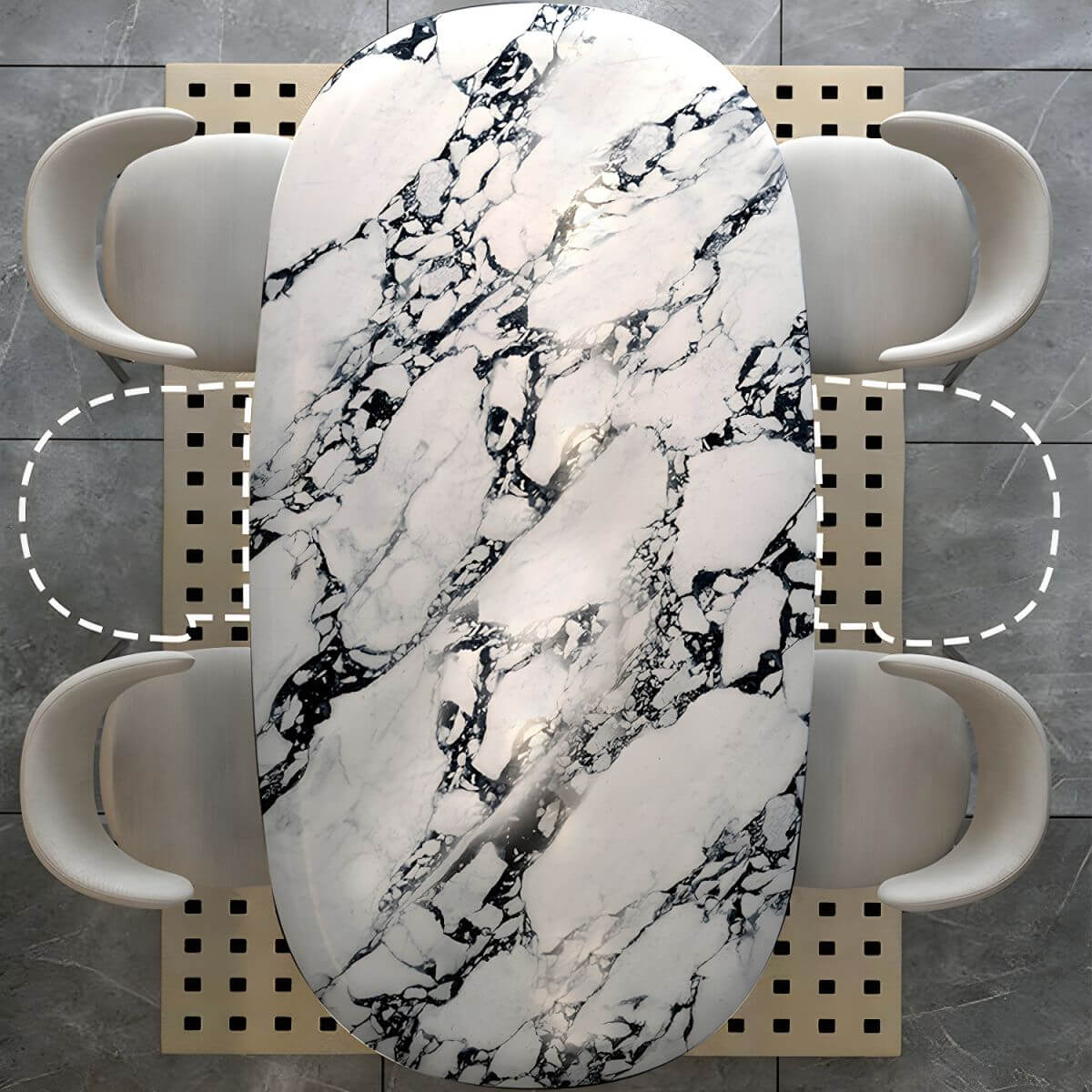 Oval black and white marble kitchen dining table with wooden base