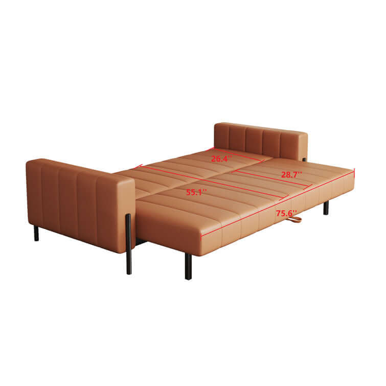 Brown leather loveseat sofa bed with modern square arm design, 86.6 inches wide