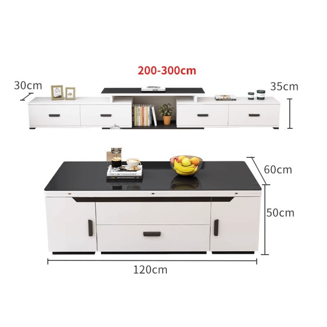 White lift-top coffee table with storage and stools, perfect for compact living spaces