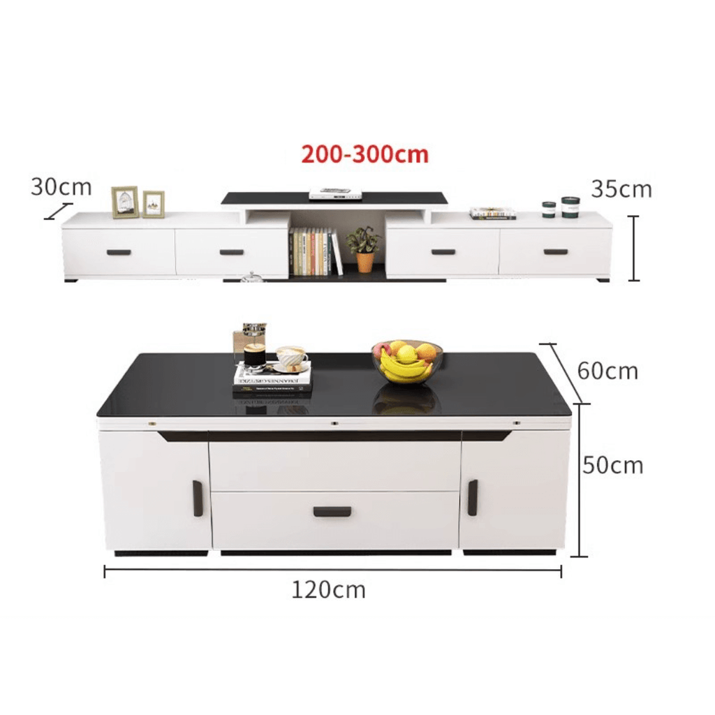 White lift-top coffee table with storage and stools, perfect for compact living spaces