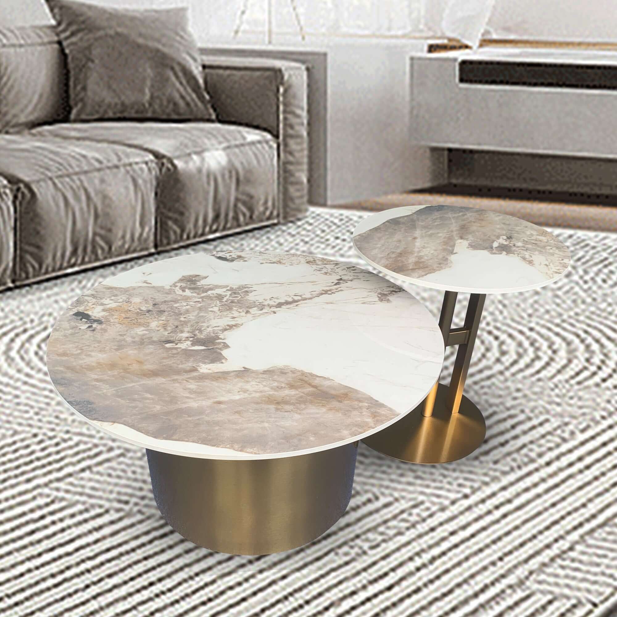 Round nesting coffee table with black and gold frame and durable sintered stone top