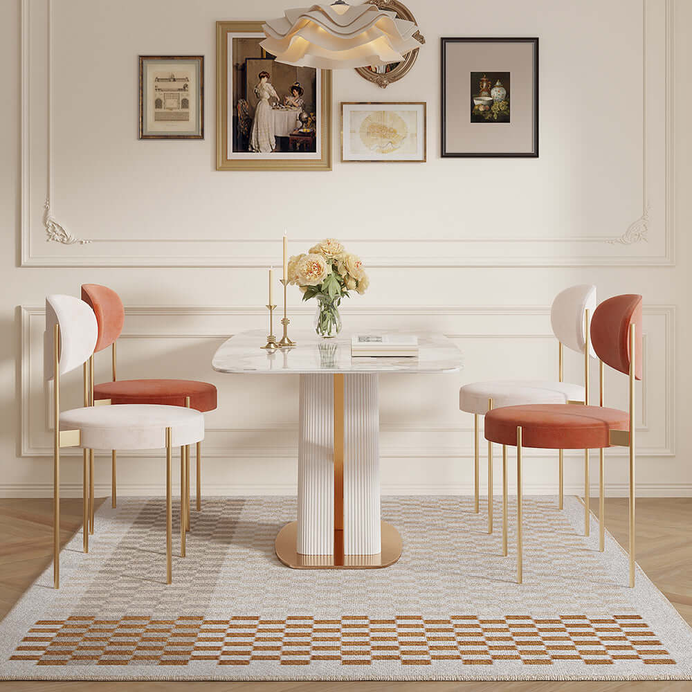 White rectangular marble dining table with gold stainless steel X-base, modern design