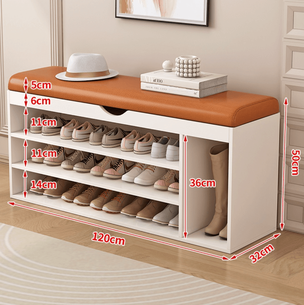 Modern white and orange shoe bench with upholstered seat and space-saving storage