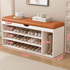 Modern white and orange shoe bench with upholstered seat and space-saving storage