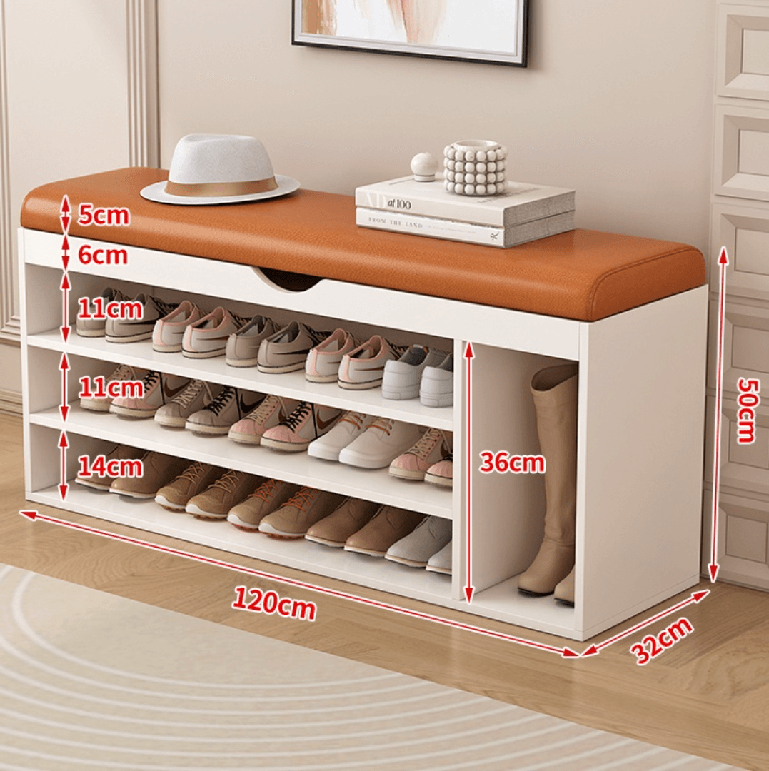 Modern white and orange shoe bench with upholstered seat and space-saving storage