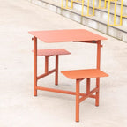 Outdoor picnic table with aluminum frame and colorful white, light green, and orange top