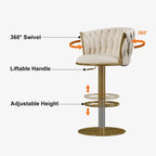 Set of 2 gray swivel bar stools with velvet curved back and adjustable height