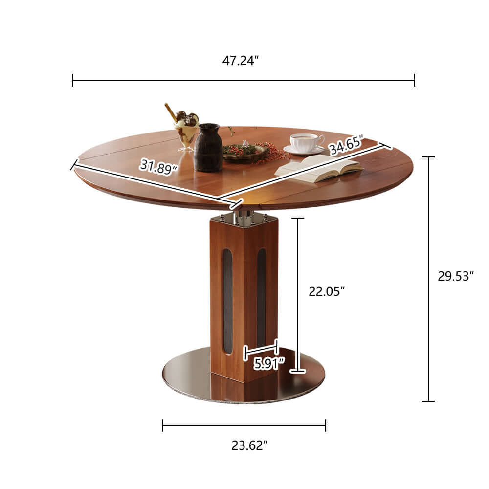 Foldable solid wood dining table that converts from square to round shape