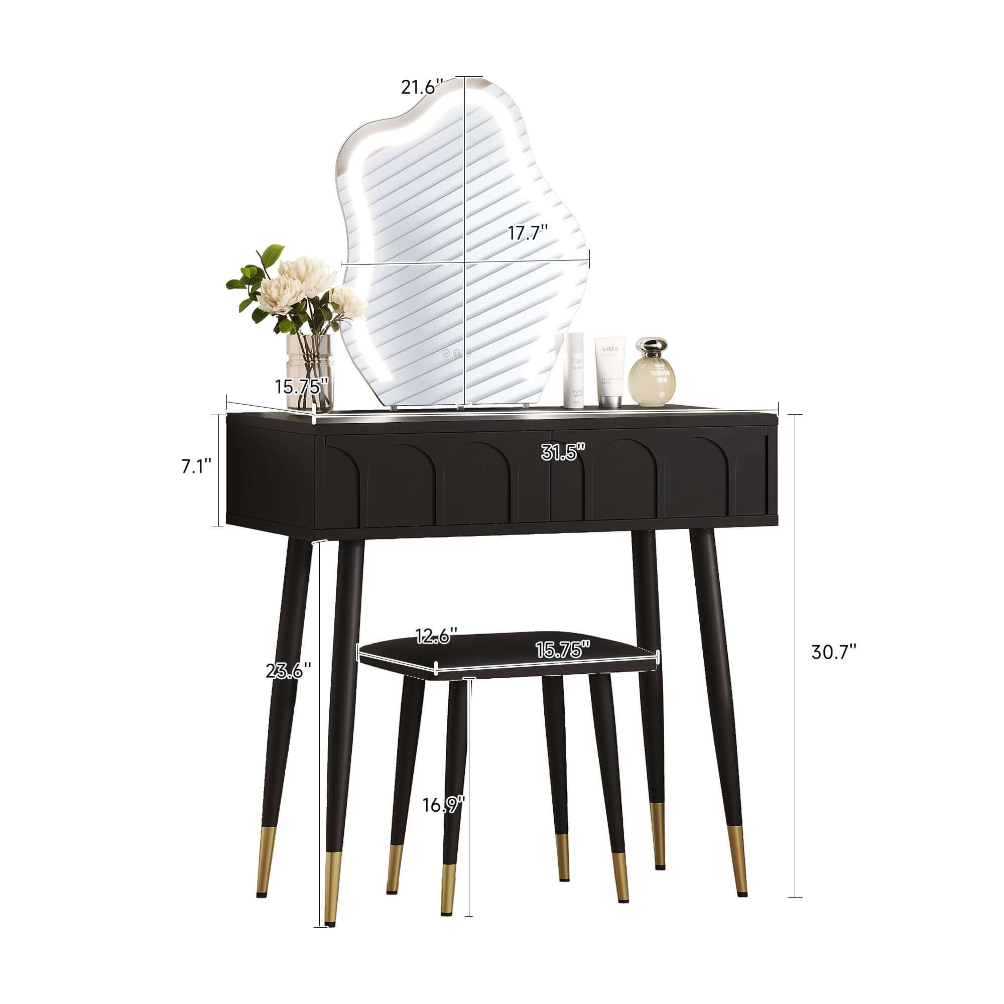 White and black 31.5-inch two drawer dresser with mirror and matching chair