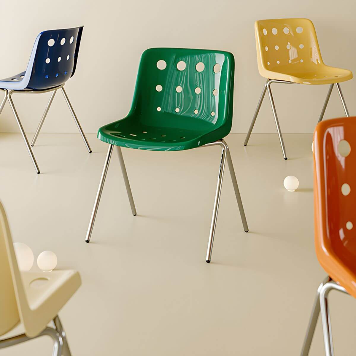 Stackable Scandinavian plastic and acrylic side chair with low back for dining