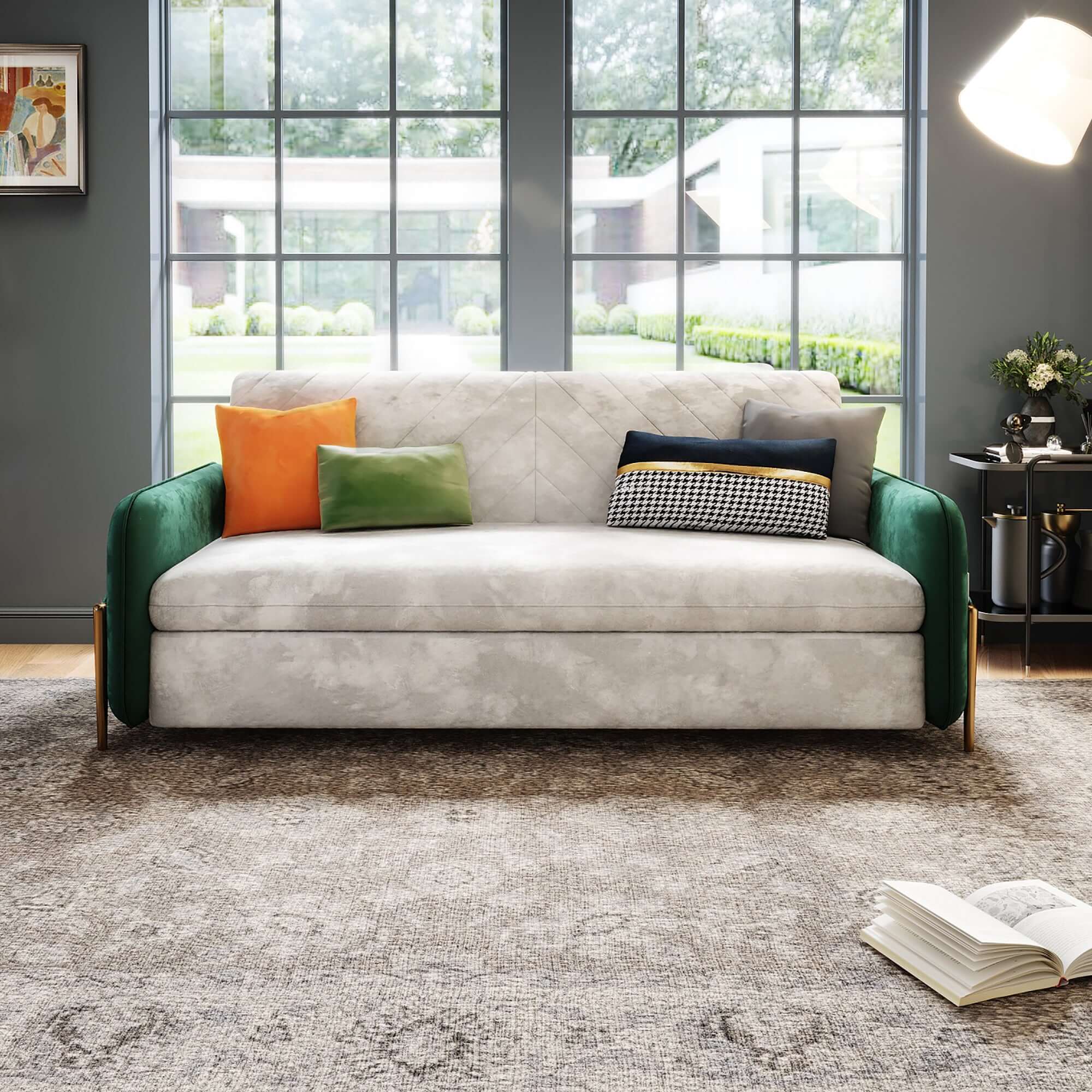 Modern 67-inch pull out convertible sofa bed with storage pocket for space-saving comfort