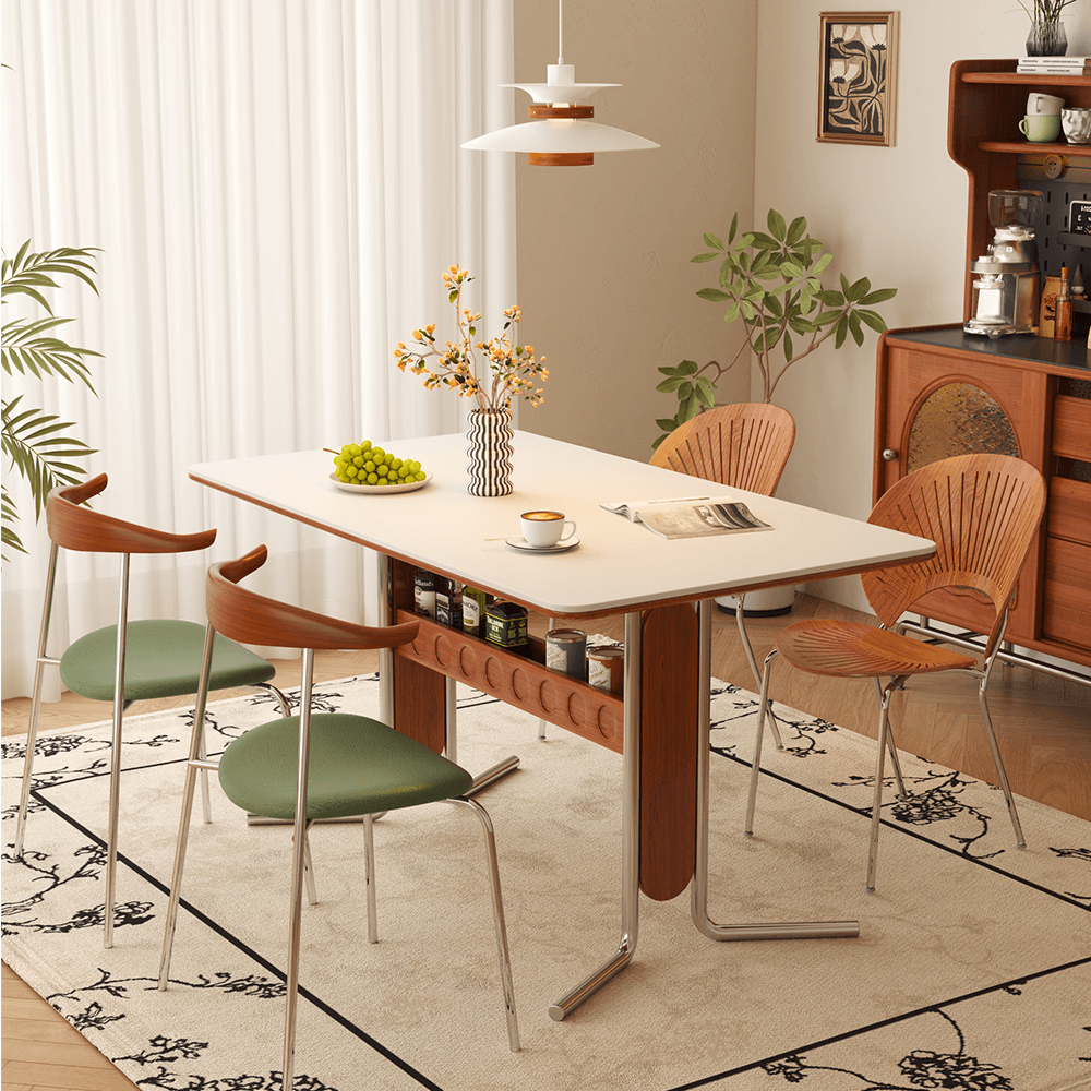 Square vintage dining and desk combo table with slate top, storage, and stainless steel legs