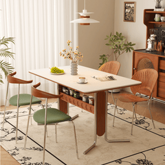 Vintage Dining-Desk Combo Square Slate Top Table with Storage and Stainless Steel Legs