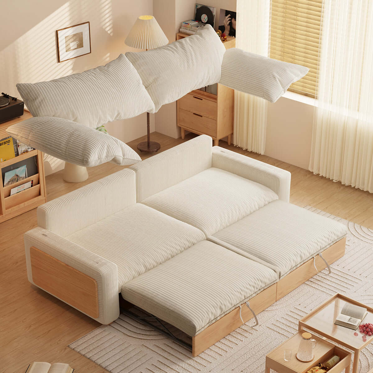 Japandi style pull-out sofa bed available in three fabric options for versatile seating and sleeping