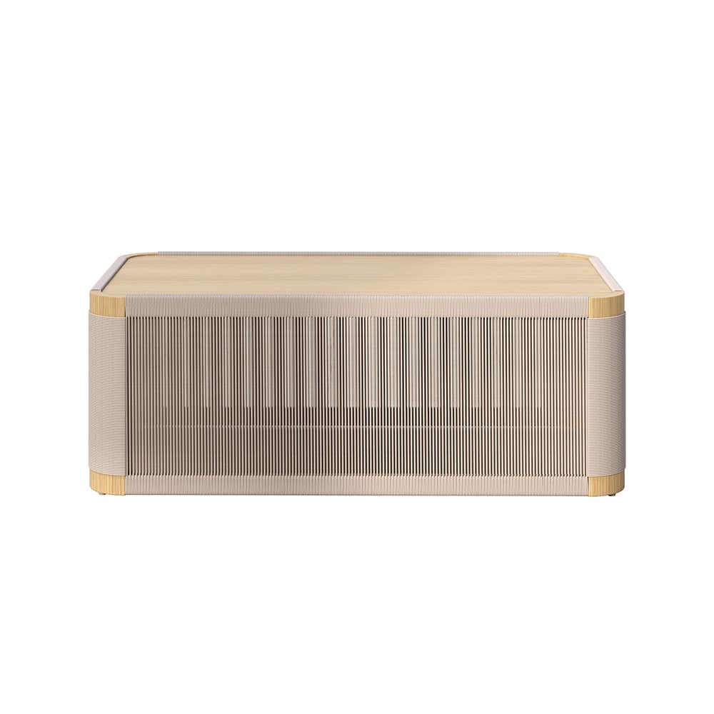 Modern outdoor swivel sofa set with aluminum frame and rope accents, includes coffee table in khaki