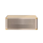 Modern outdoor swivel sofa set with aluminum frame and rope accents, includes coffee table in khaki