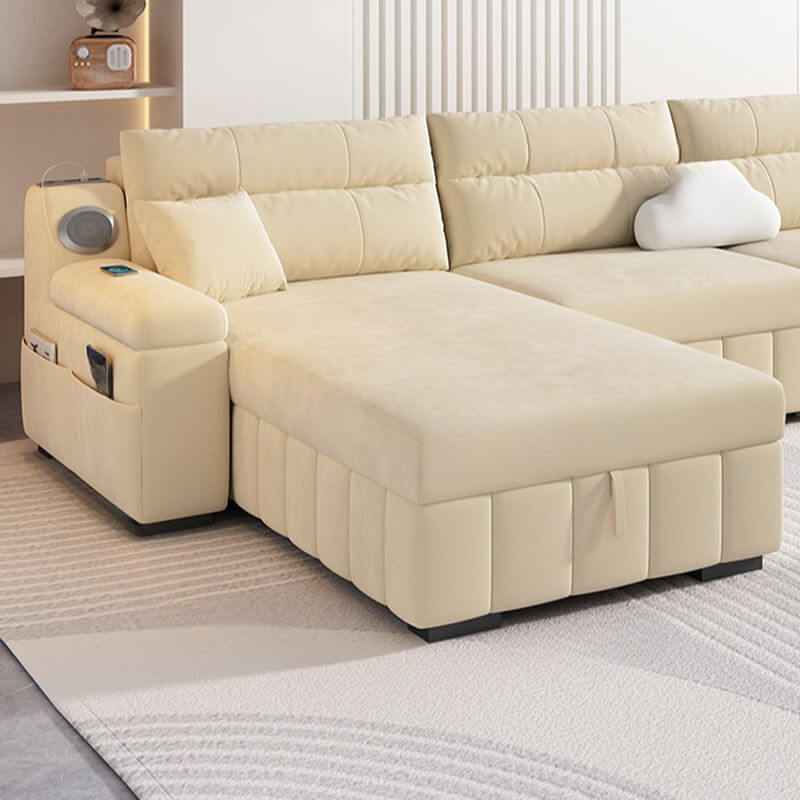 Beige Twill Sofa Recliner with USB Port, Under-seat Storage, Left Orientation, and L-Shape Design, 122"L x 63"W x 33"H