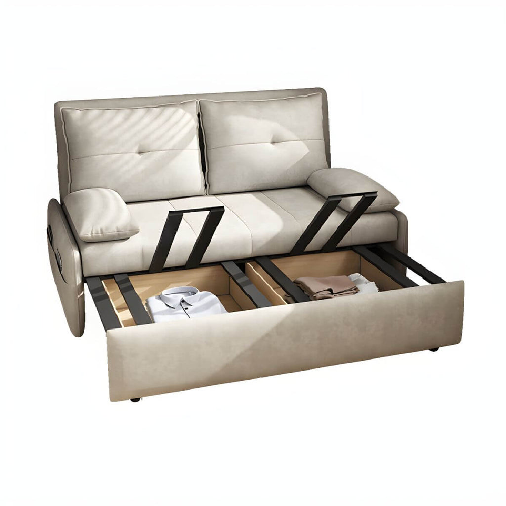 White polyester blend sleeper sofa with metal frame and casters, modern futon for versatile seating