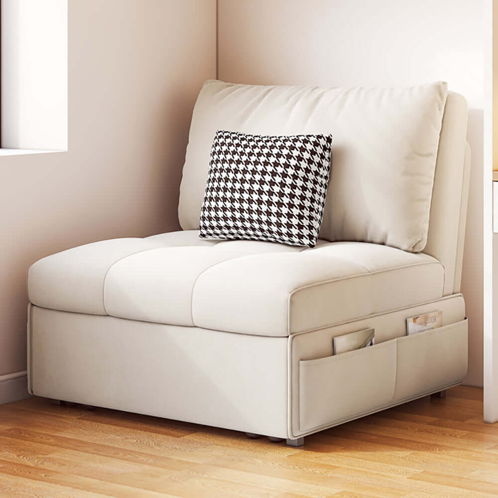 Compact single seat pullout sofa bed with convenient side pockets for storage