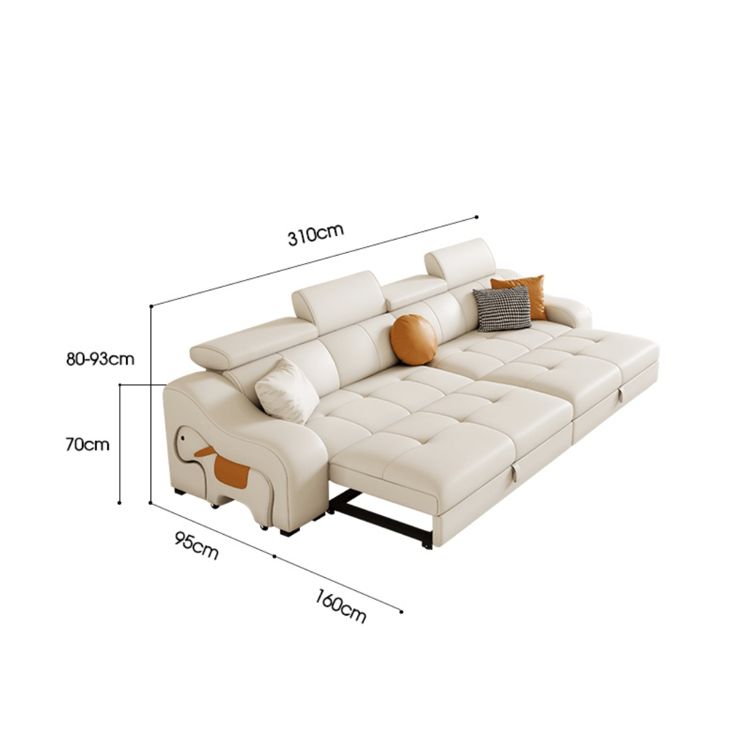 Space-saving sofa bed with a cute pony stool, perfect transformable furniture for small spaces