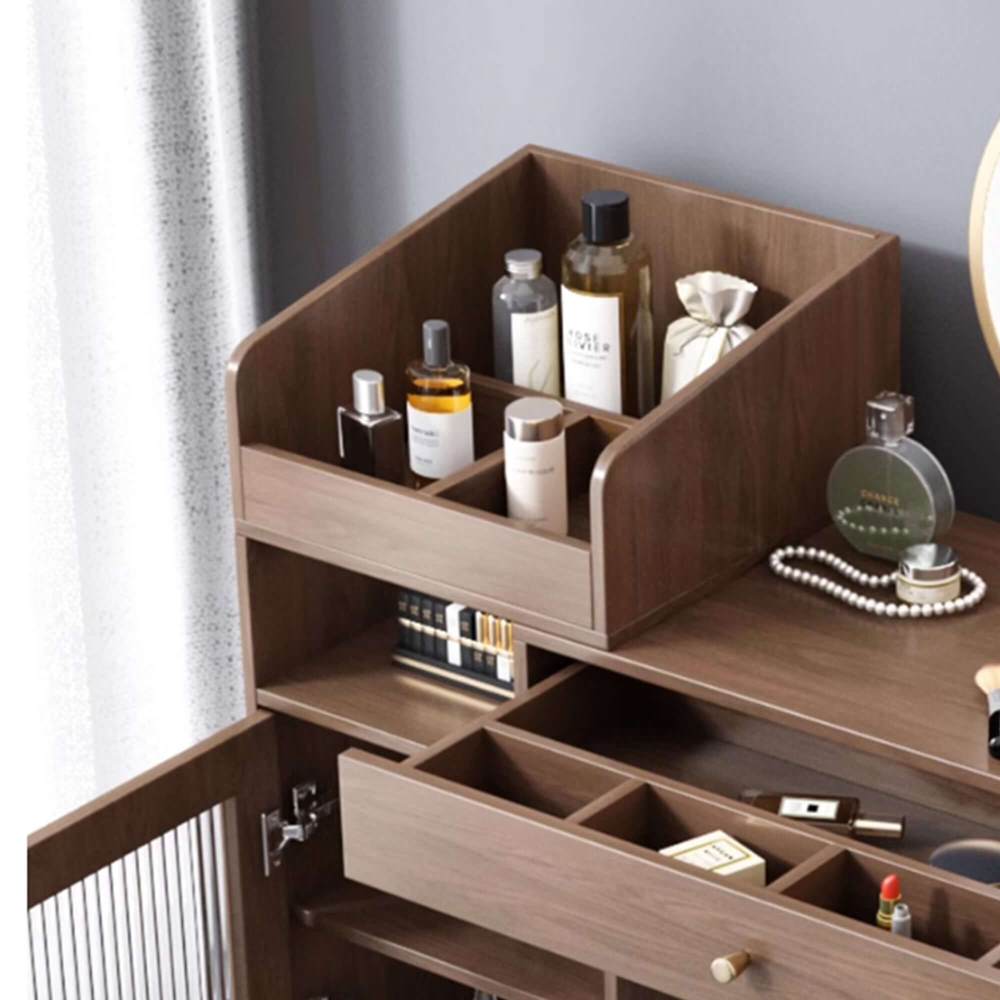 Coffee brown wooden vanity table with side cabinets, open storage, and drawers for bedroom organization