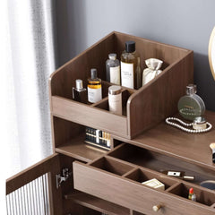 Coffee Brown Wooden Vanity Table with Side Cabinets Open Storage & Drawers