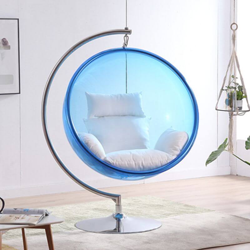 Blue and ruby transparent porch swing with alloy stand, cushions, and chain