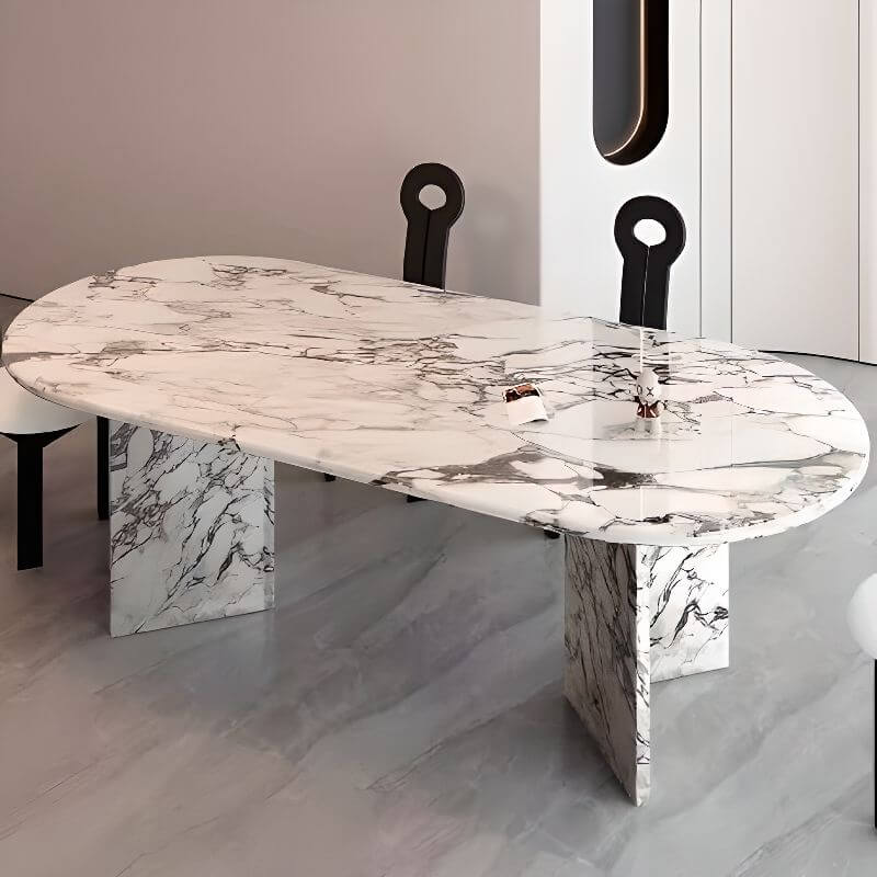 Oval dining table with white marble top and fixed base, perfect for contemporary dining rooms main product image