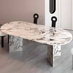 Oval dining table with white marble top and fixed base, perfect for contemporary dining rooms main product image