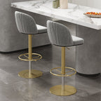 Gray velvet swivel bar stool with curved back and adjustable height, perfect for kitchen or bar seating