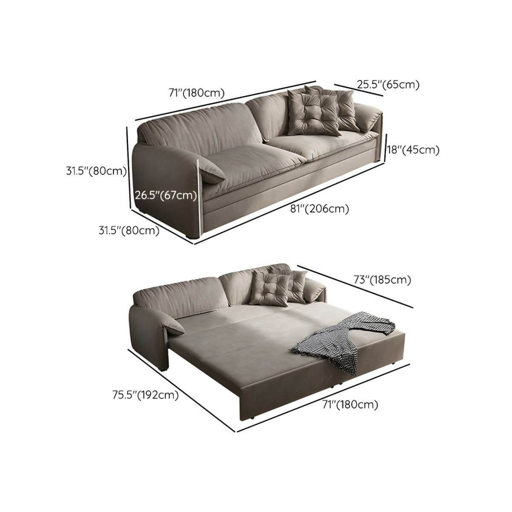 Gray Scandinavian sofa bed with fabric upholstery and coir faux leather sleeper, 69 inches long