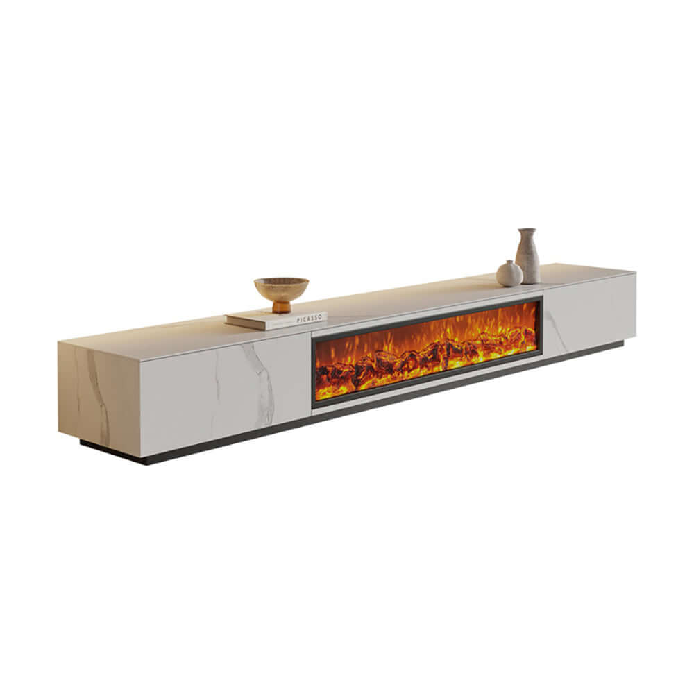 Electric fireplace TV stand with wood storage, available in 70.8 and 78.7 inch sizes