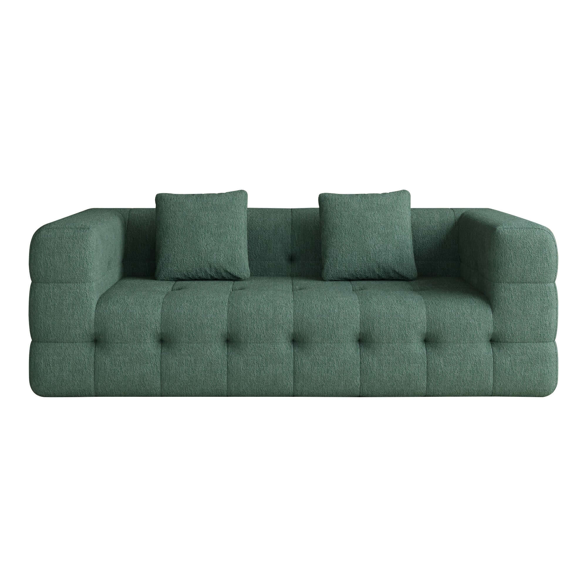 Green love seat sofa upholstered in soft chenille velvet fabric, perfect for modern living rooms