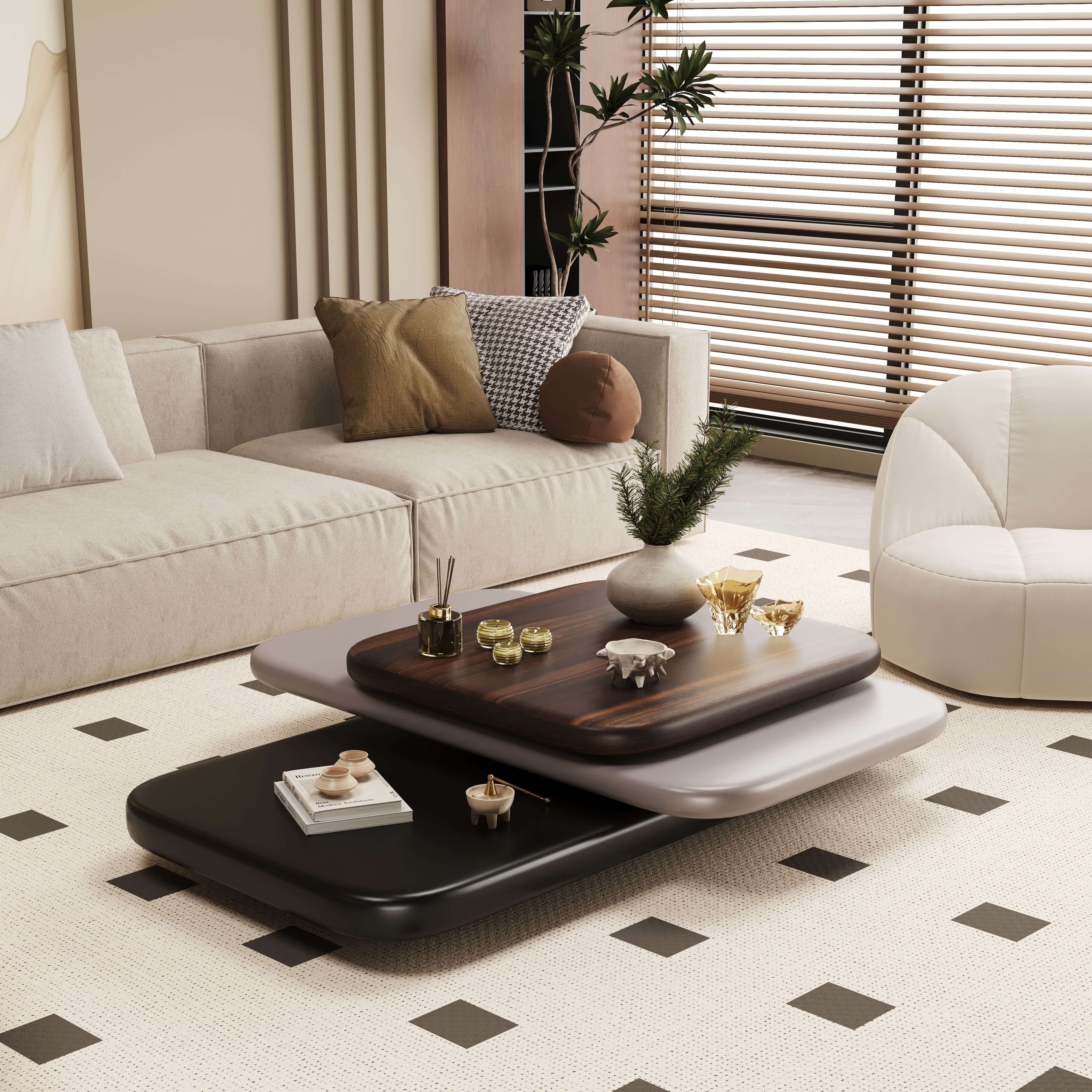 Rotating coffee table with modern minimalist design, perfect for creative living spaces