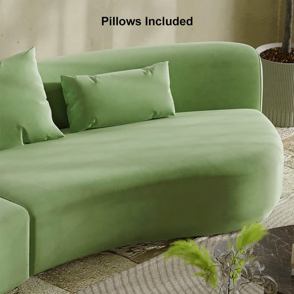 Modern green curved velvet sectional sofa with pillows, 4-seater upholstered couch, 109 inches long
