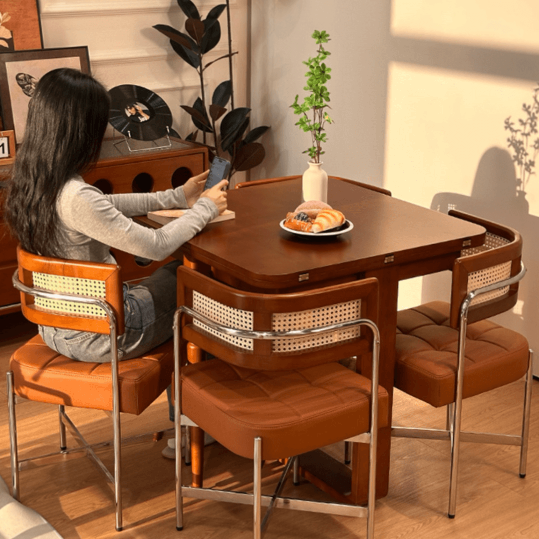 Scandinavian-inspired folding dining table with ample storage for stylish, space-saving home decor