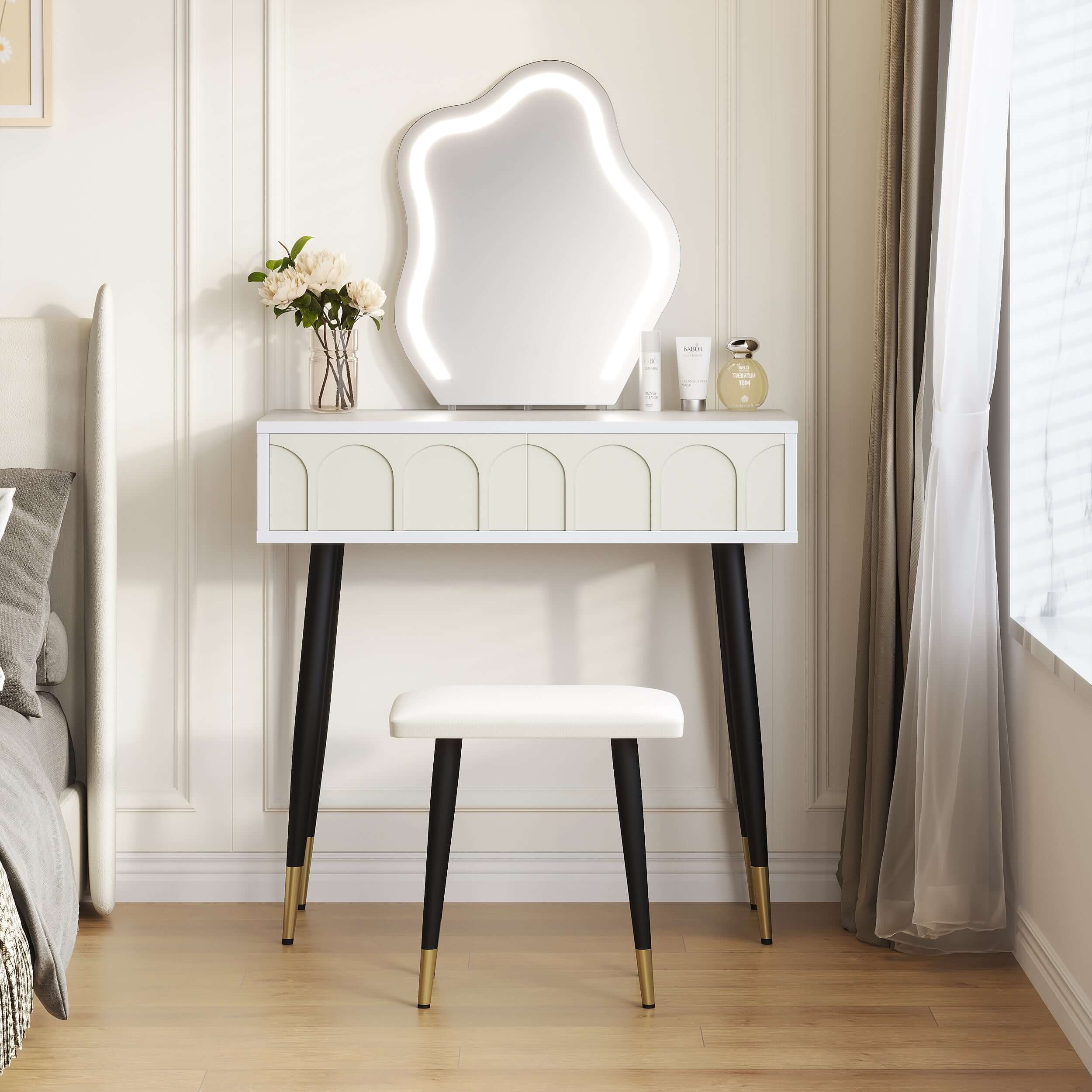 White and black 31.5-inch two drawer dresser with mirror and matching chair