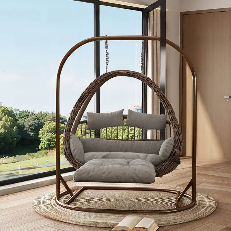 Cocoa metal 2-seater porch swing egg chair with stand, cushions, and wear-resistant design