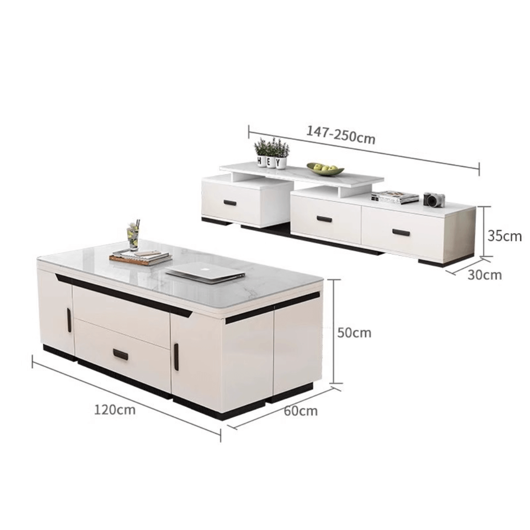 White lift-top coffee table with storage and stools, perfect for compact living spaces