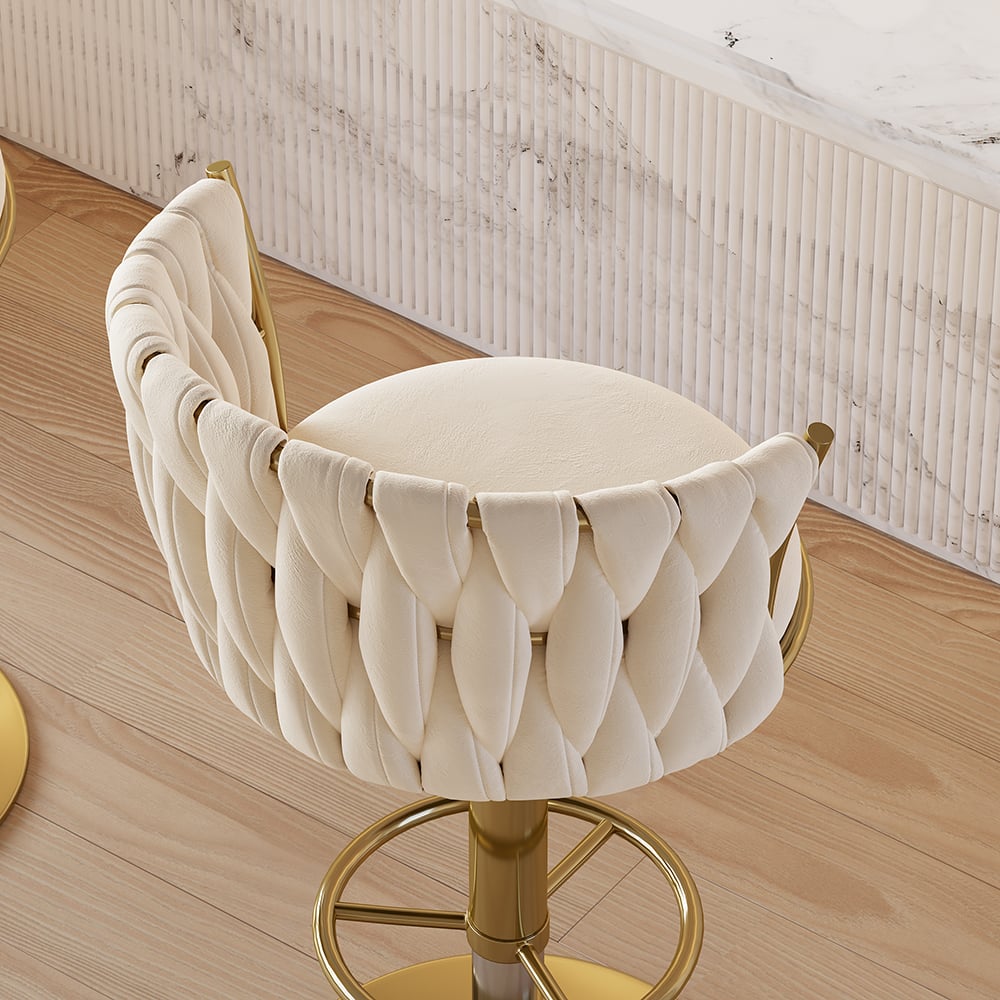 Set of 2 gray swivel bar stools with velvet curved back and adjustable height