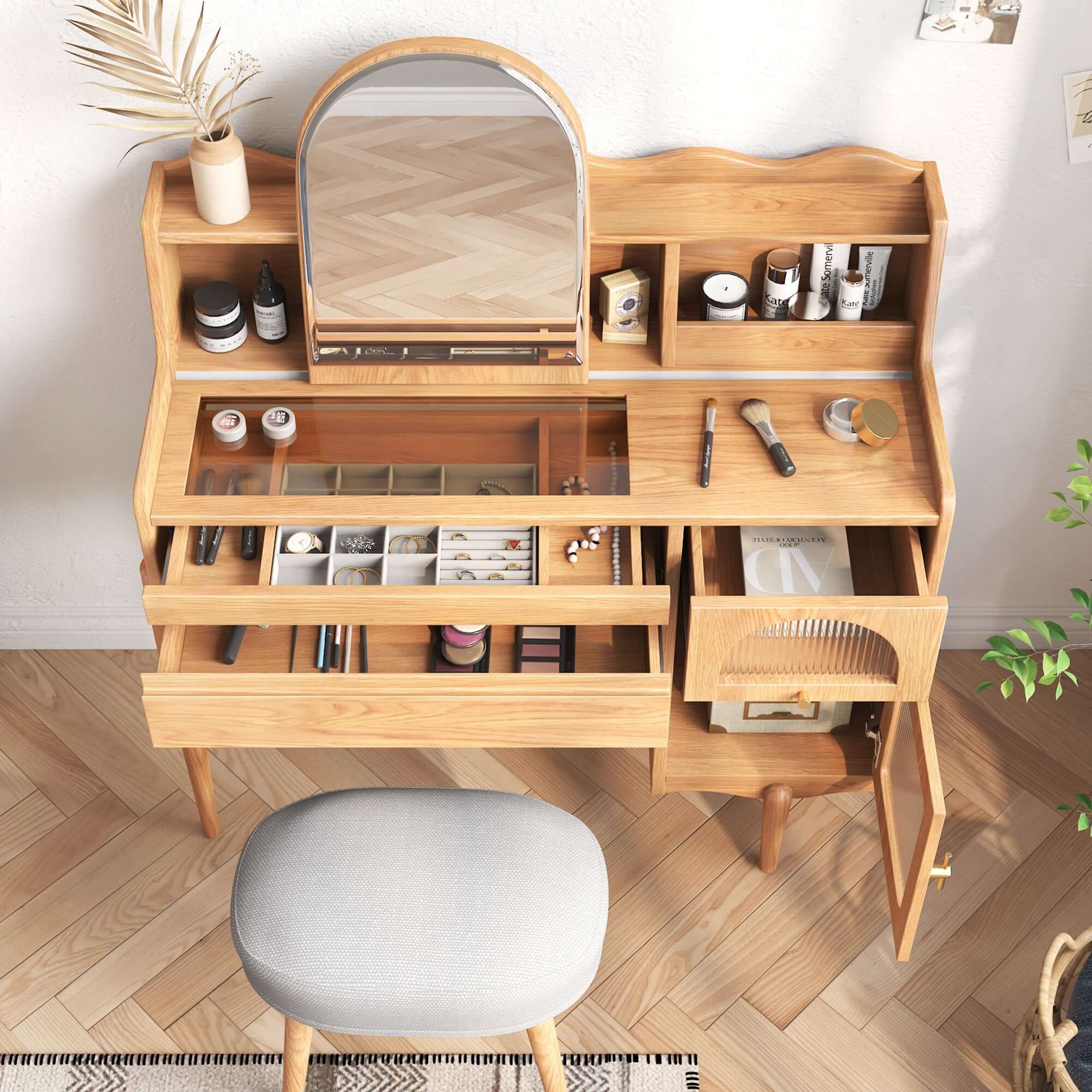 Wooden makeup vanity table with dressing mirror, drawers, and side cabinet for bedroom storage