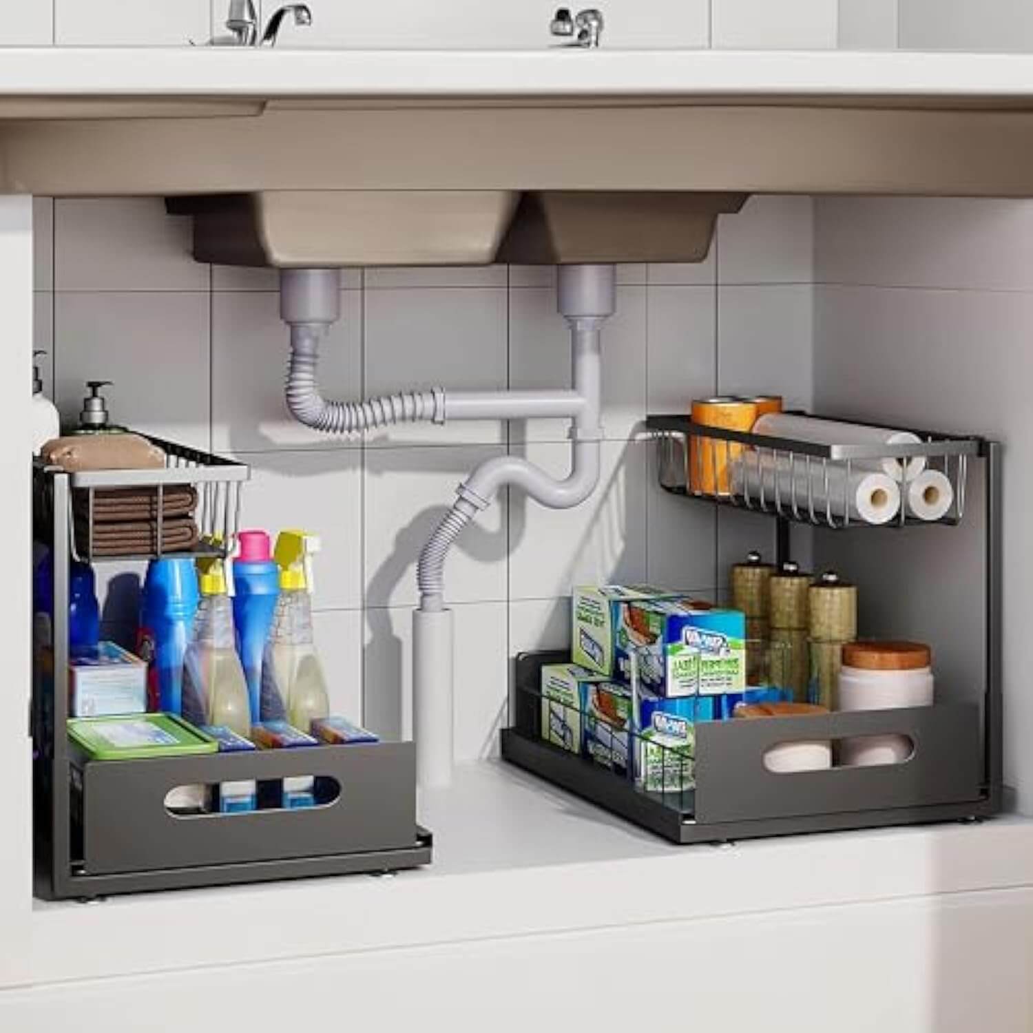 2-pack 2-tier sliding under sink organizers with hooks for bathroom and kitchen storage