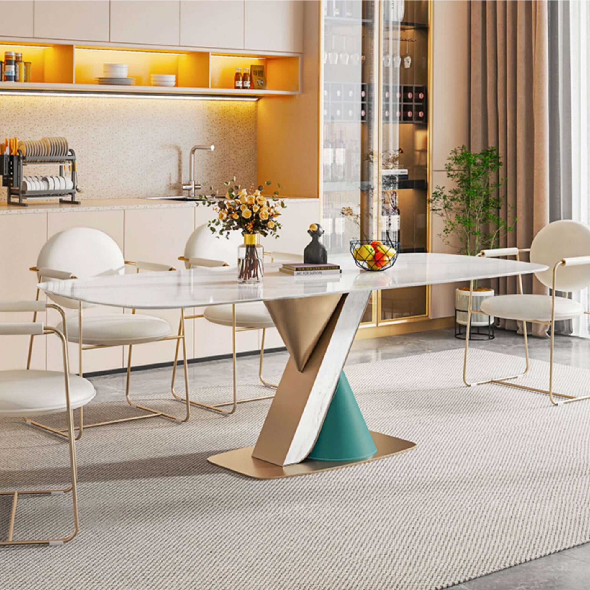 White rectangular dining table with sintered stone top, seating 6 people